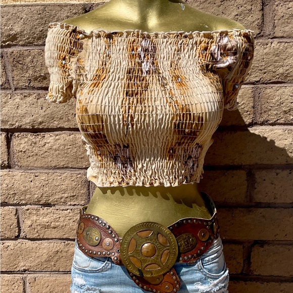 SANS SOUCI Sequin Camo OFF SHOULDER Stretch Fit Crop TOP O/S As-Is - Picture 4 of 16